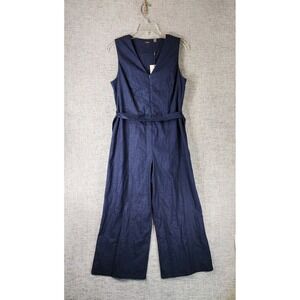 T Tahari Linen Blend Jumpsuit Women 8 Navy Zip Front Tie Waist Wide Leg NEW